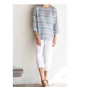 PURE Jill J M Tunic Top Blue White Striped Linen Cotton Pockets Shirt Top Boxy